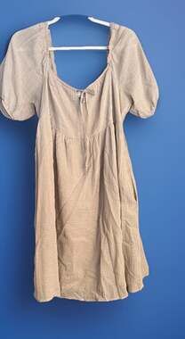 Beige Baby Doll Boho Smocked Mini Dress Pockets Puff Sleeve Peasant Minimalist L